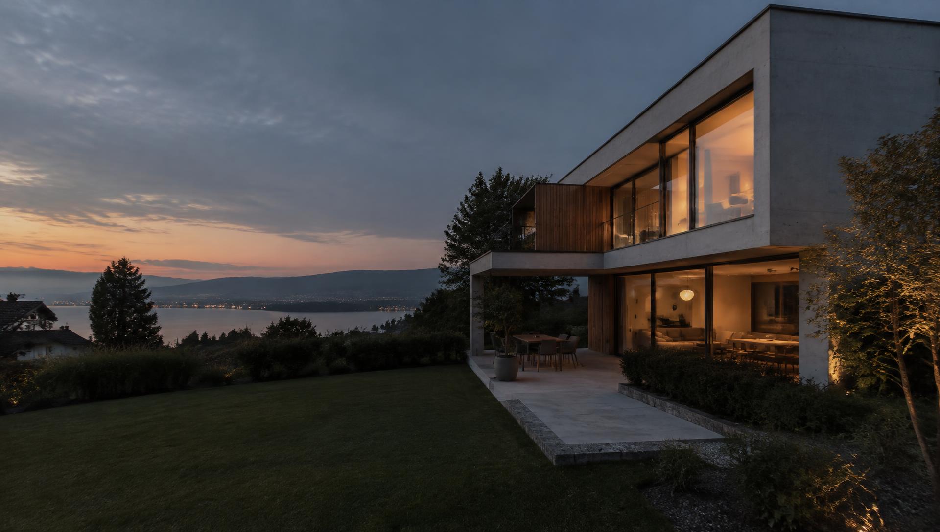 Zeitgenössisches Wohnhaus in der Abenddämmerung